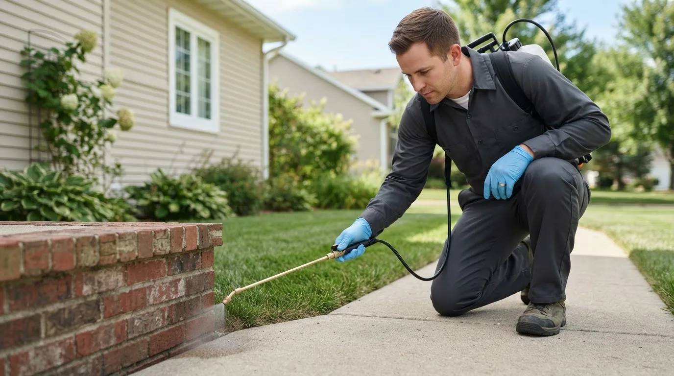 Pest control technician treating a home near Kittery, ME