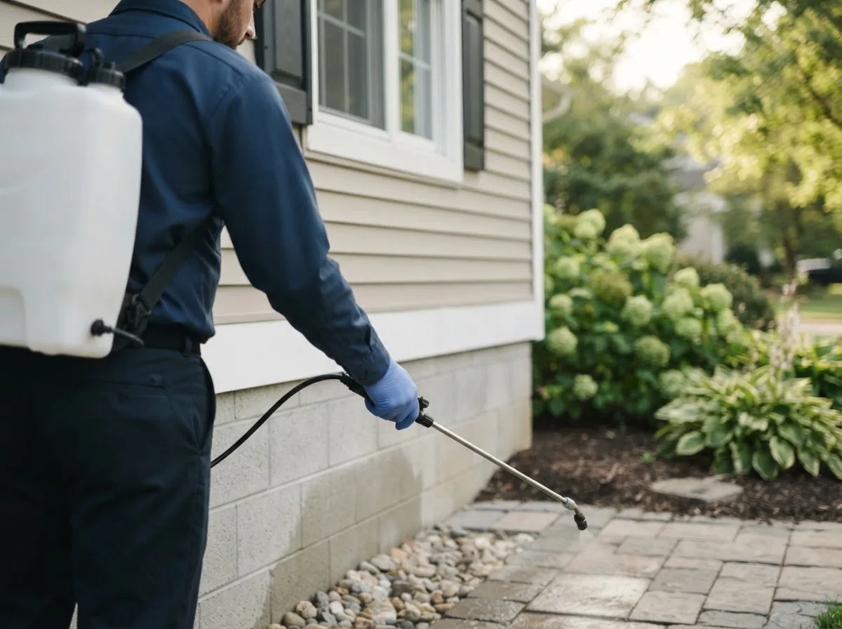 Pest control technician inspecting a home in Kittery, ME